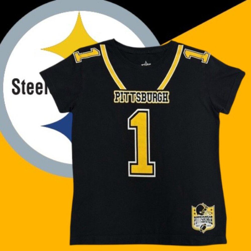 Pittsburgh Steelers Women’s Black Yellow White Swoop Neck Jersey T-Shirt Size LG